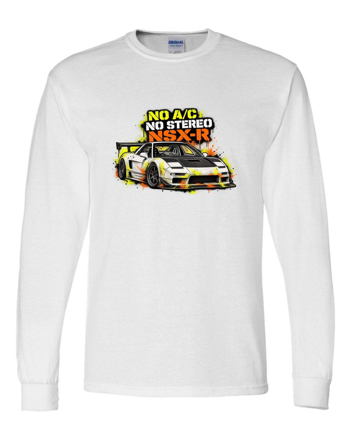 Risograph spot-colour print of a 1988 Honda CRX EF8 with B16A 950 KG Two Seats Only lettering white long sleeve front view with the design