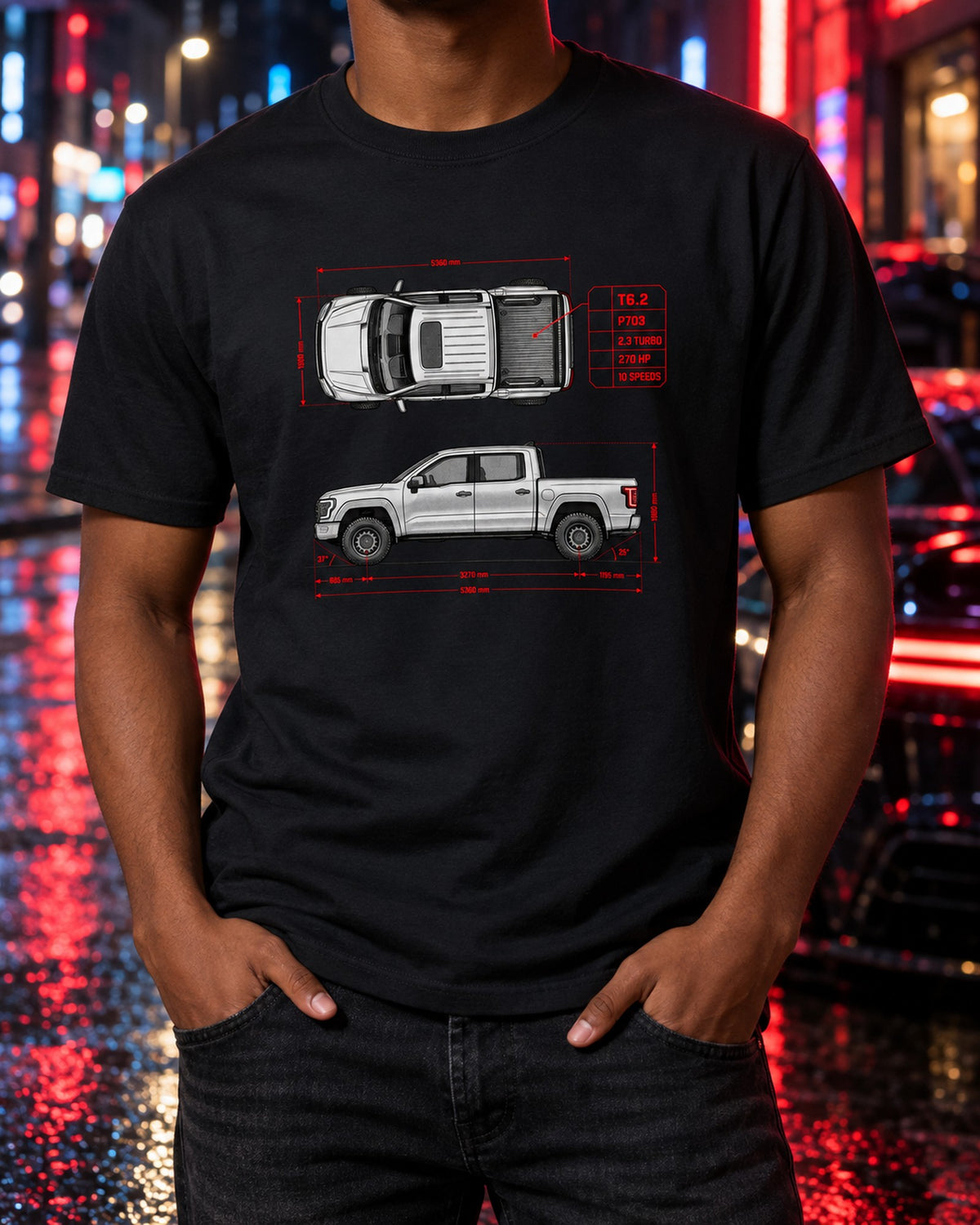 Ford Ranger T6.2 P703 Spec Poster Shirt, 2022+ Ranger Gift T-Shirt Black worn hero