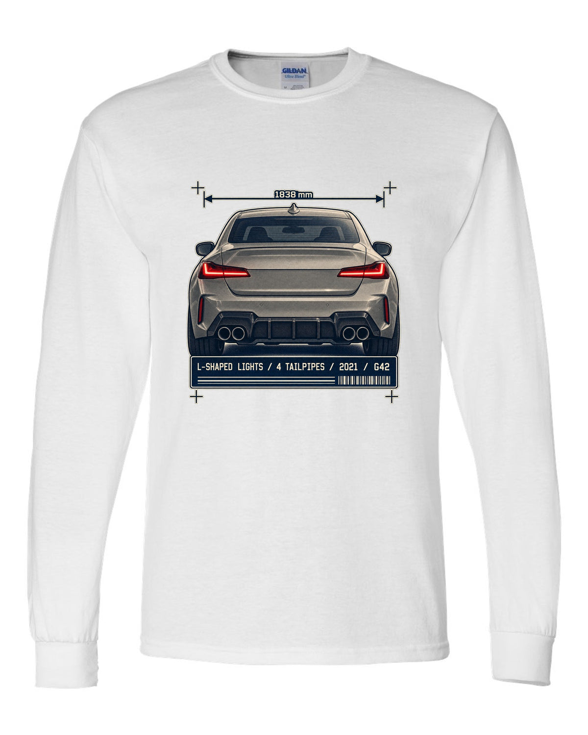 BMW M240i G42 rear taillight and tailpipe macro print white long sleeve front view with the design