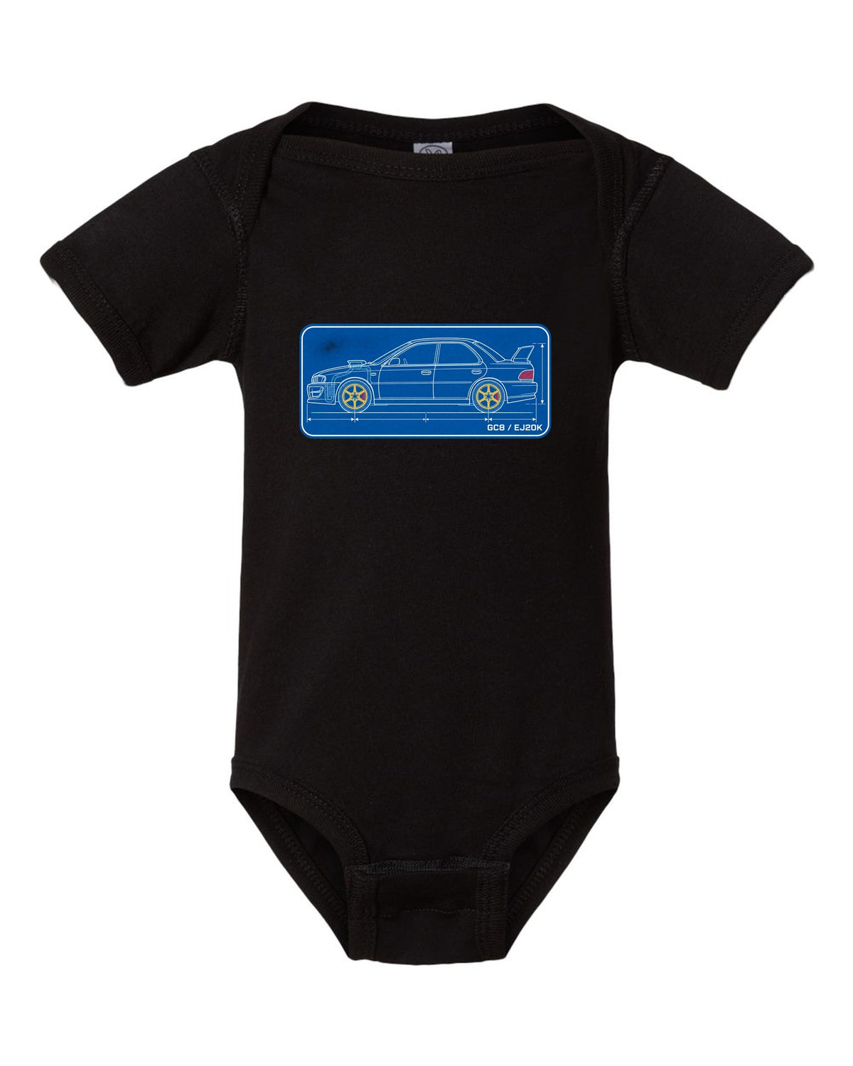 Cyanotype blueprint of a Subaru Impreza WRX GC8 hood scoop with EJ20K text black baby onesie front view with the design