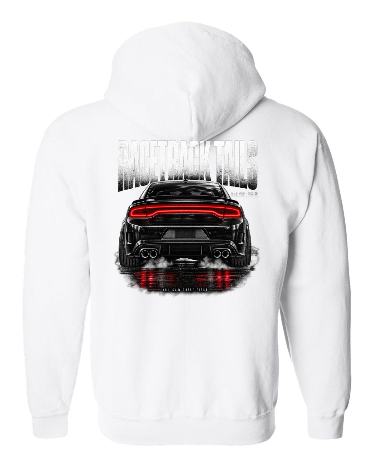 Taillight macro print of a 2016 Dodge Charger Scat Pack LX/LD with 6.4L 392 and 485 HP text white zip hoodie back view with the design