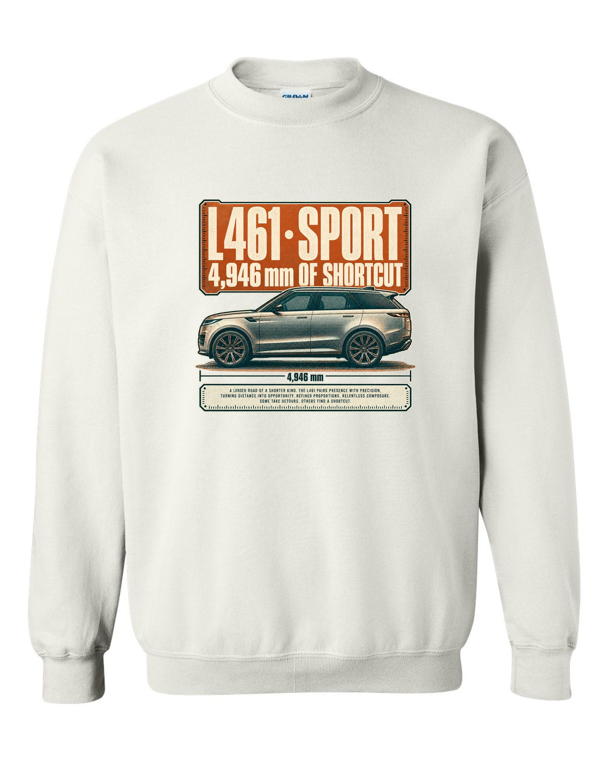 Halftone statement print of the Range Rover Sport L461 with length lettering white crewneck front view with the design