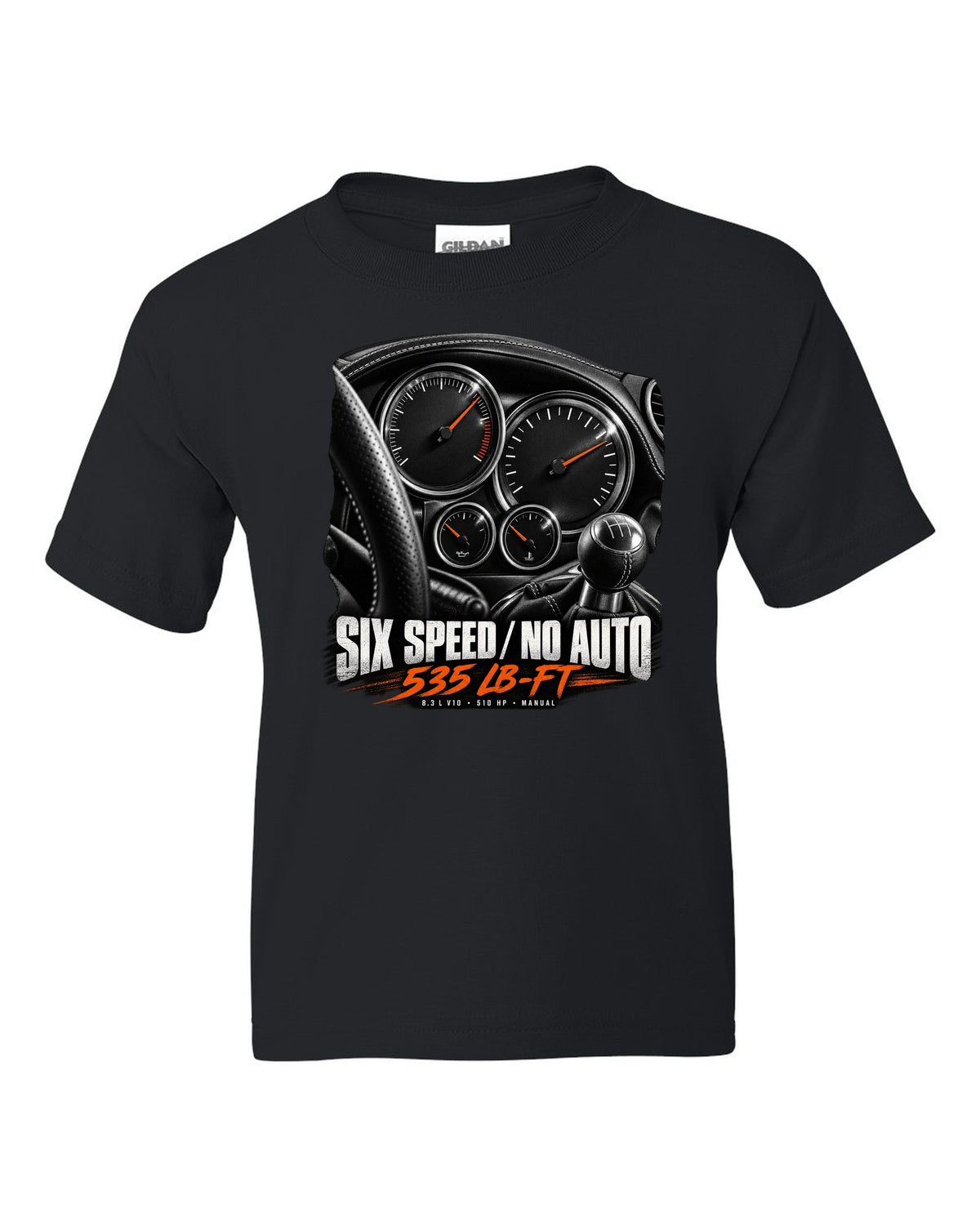 2006 Dodge Viper SRT-10 ZB I instrument gauge cluster print with six speed lettering black kids tee front view with the design