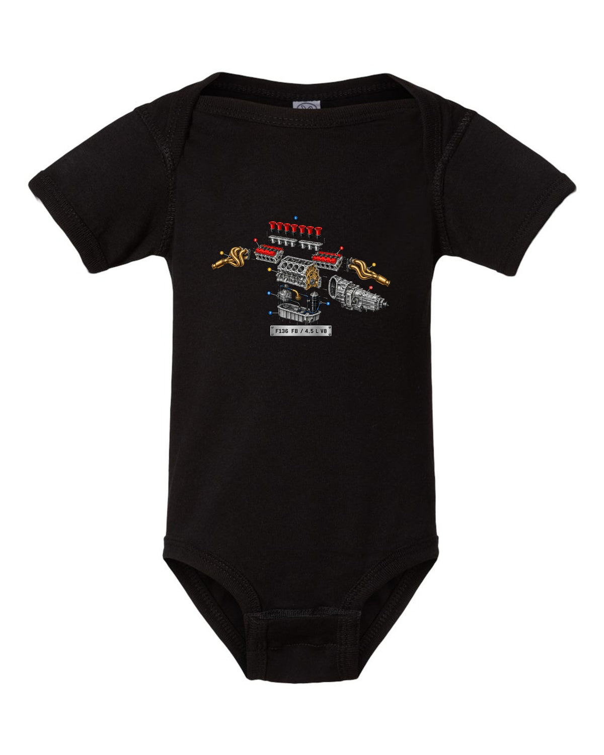 Exploded view of the Ferrari 458 Italia F136 FB V8 with numbered callouts black baby onesie front view with the design