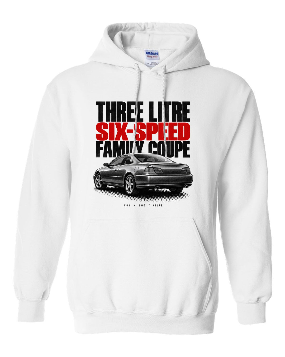 Halftone print for the 2005 Honda Accord V6 coupe reading three litre, six-speed, family coupe white pull over hoodie front view with the design