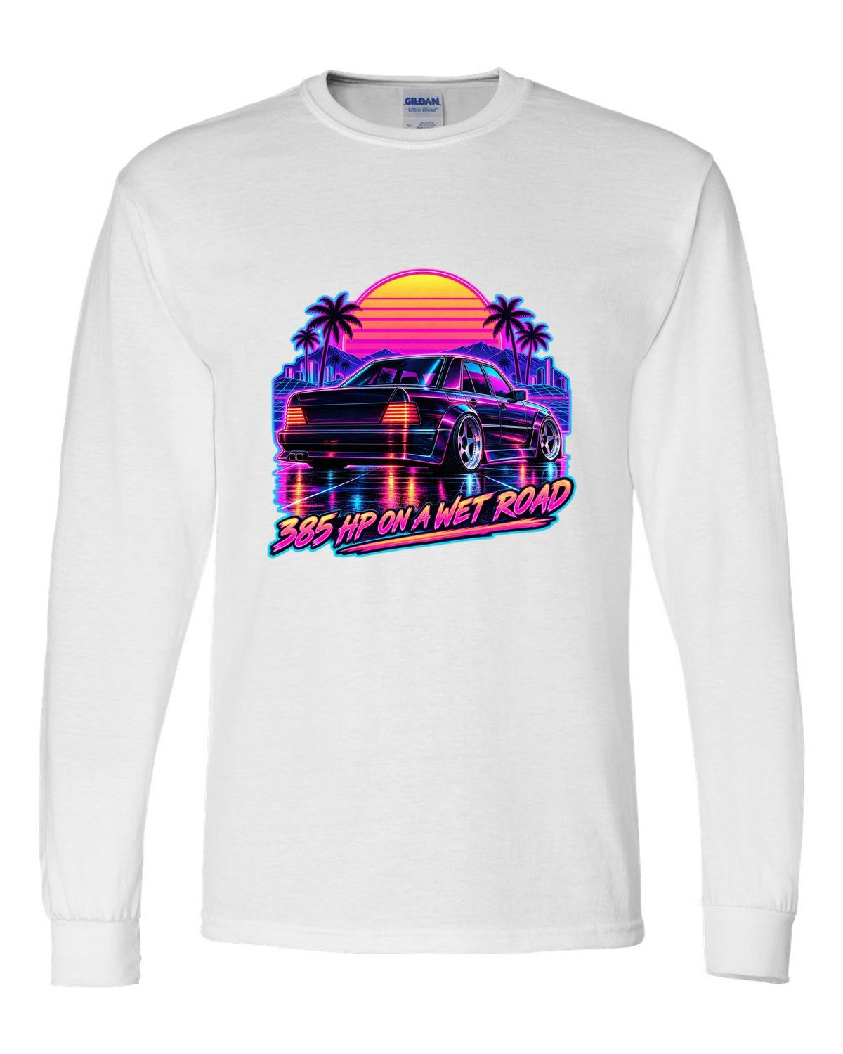 Synthwave outrun print of Mercedes 300E Hammer W124 taillights on a wet road white long sleeve front view with the design