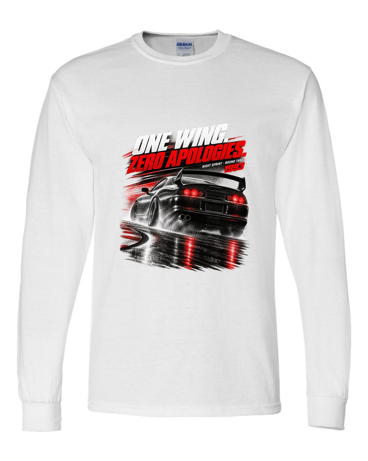 Race poster print of a Toyota Supra A80 JZA80 rear with the text One Wing Zero Apologies Round Three white long sleeve front view with the design