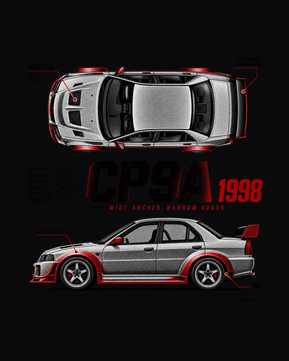 Mitsubishi Lancer Evo V CP9A Wide Arches Spec Poster Shirt design only