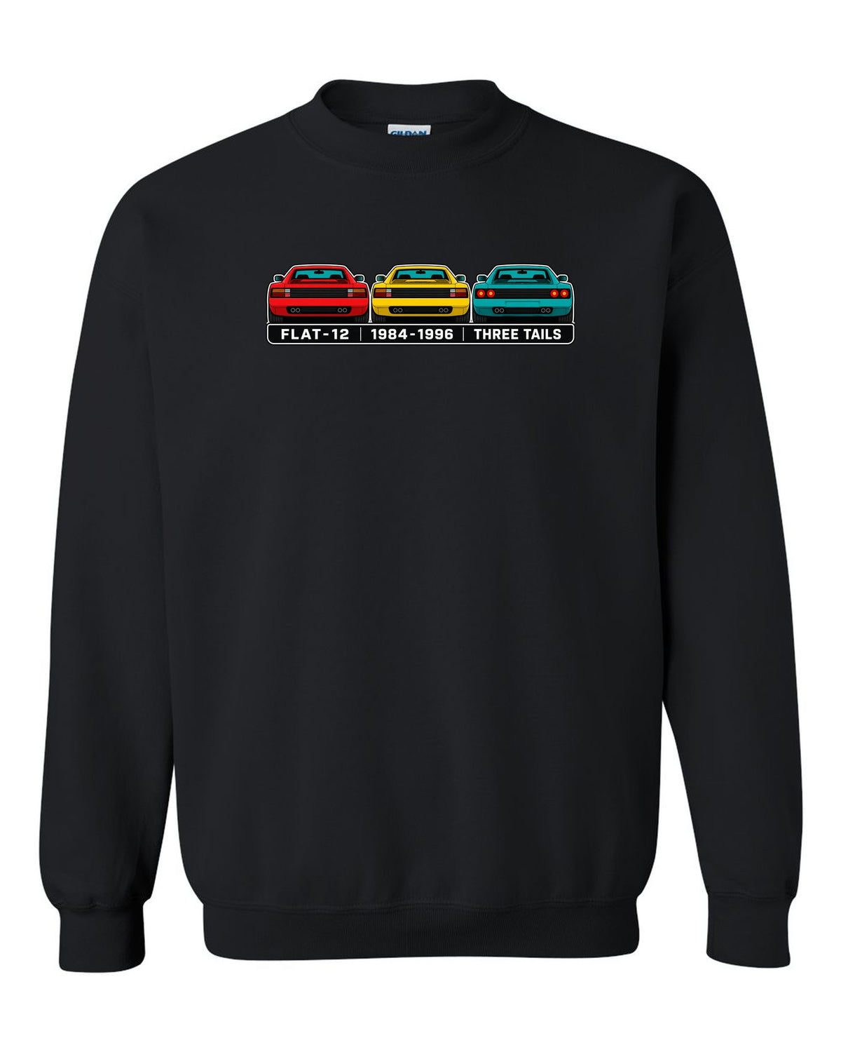 Flat colour infographic of Ferrari Testarossa, 512 TR and F512 M tail ends black crewneck front view with the design