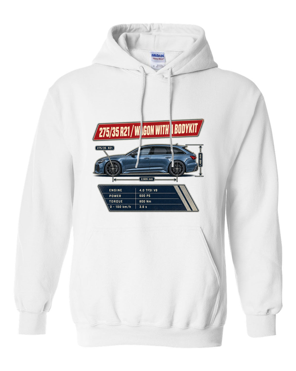 Spec poster for the Audi RS6 Avant C8 listing 275/35 R21 tyres white pull over hoodie front view with the design