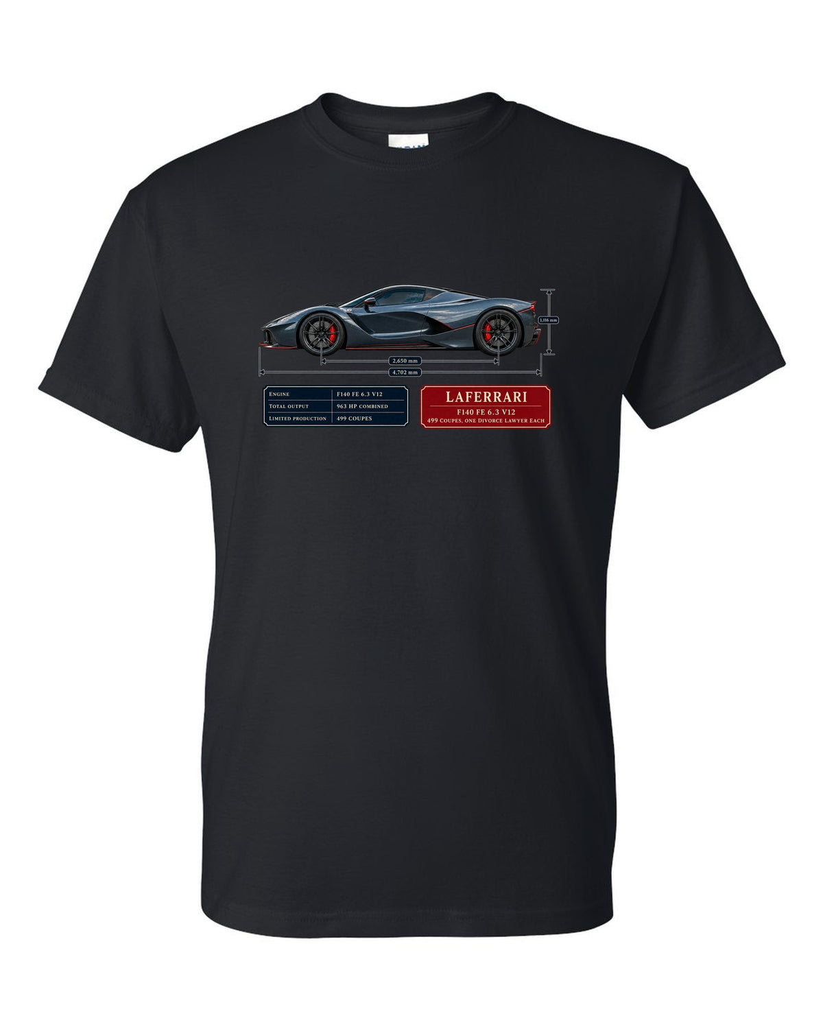 Ferrari LaFerrari dimension blueprint print with F140 FE 6.3 V12 text black t-shirt front view with the design