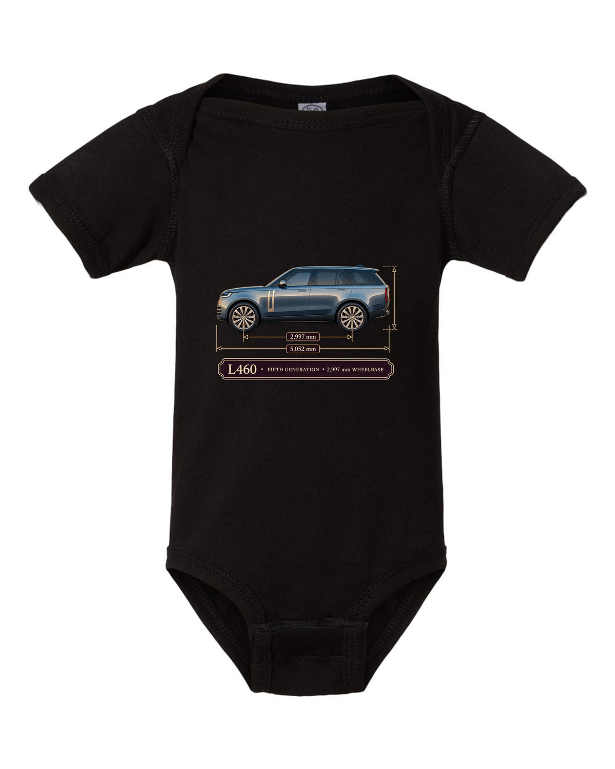 Dimension blueprint print of the Range Rover L460 fifth generation with wheelbase black baby onesie front view with the design