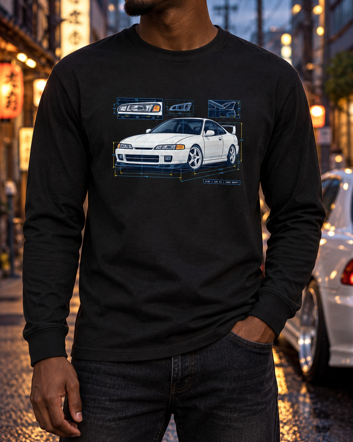 Honda Integra DC2 Headlight Blueprint Shirt, B18C Print Long Sleeve Black worn hero