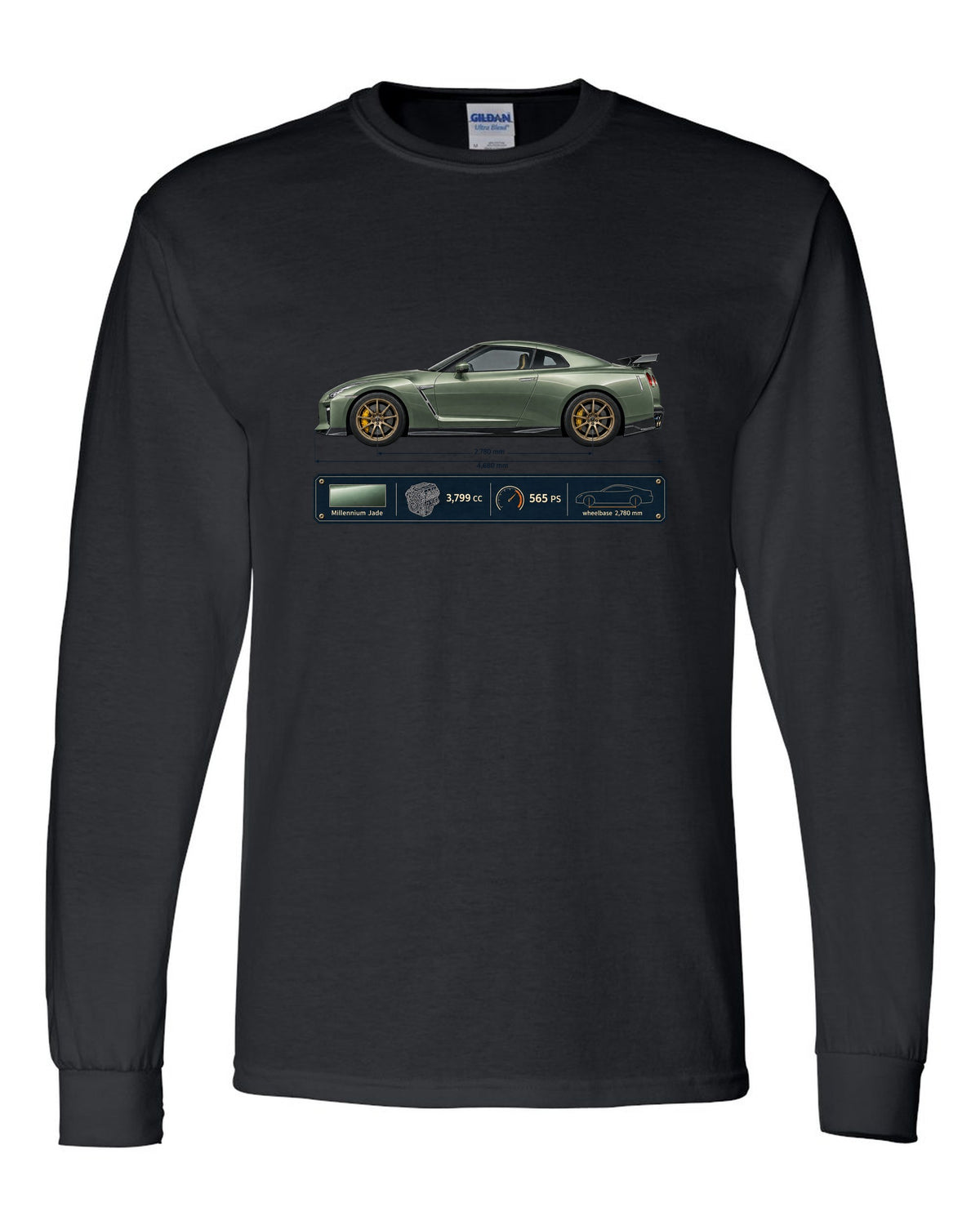Nissan GT-R R35 T-spec Millennium Jade blueprint print black long sleeve front view with the design