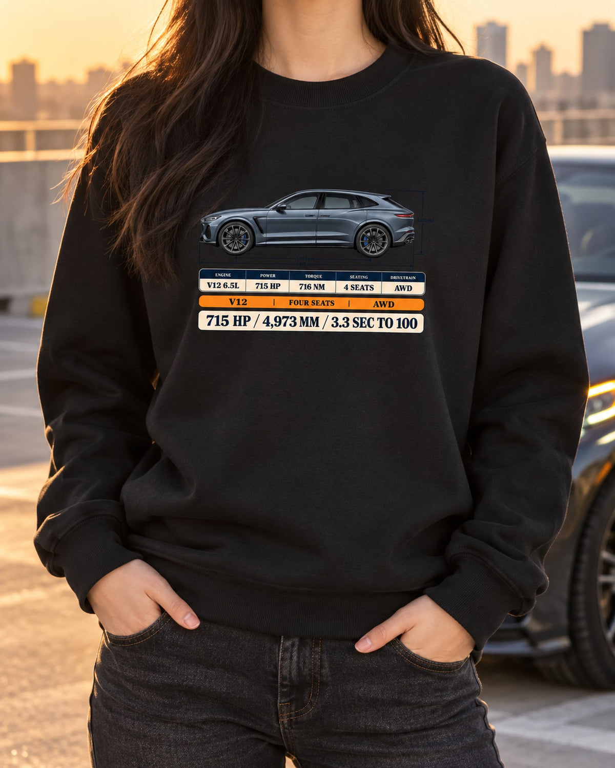 Ferrari Purosangue Spec Poster print Tee, 715 HP Crewneck Black worn hero