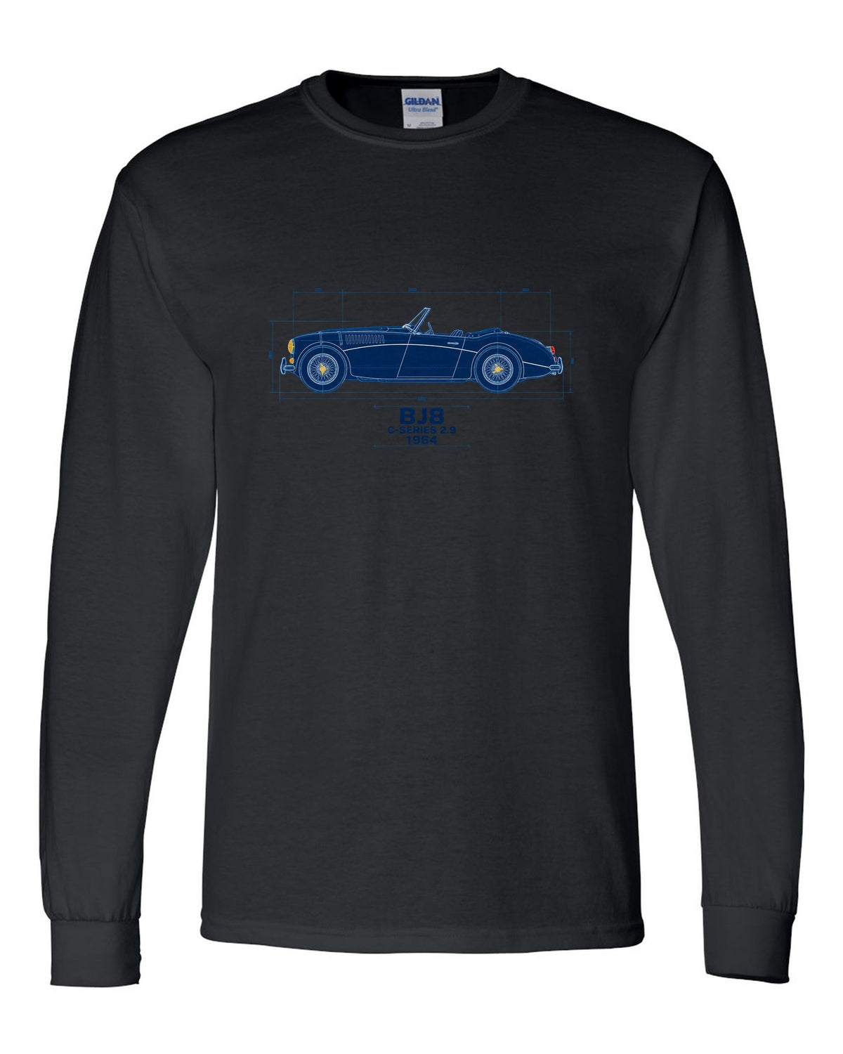 Blueprint line art of a 1964 Austin-Healey 3000 Mk III BJ8 with C-Series 2.9 lettering black long sleeve front view with the design