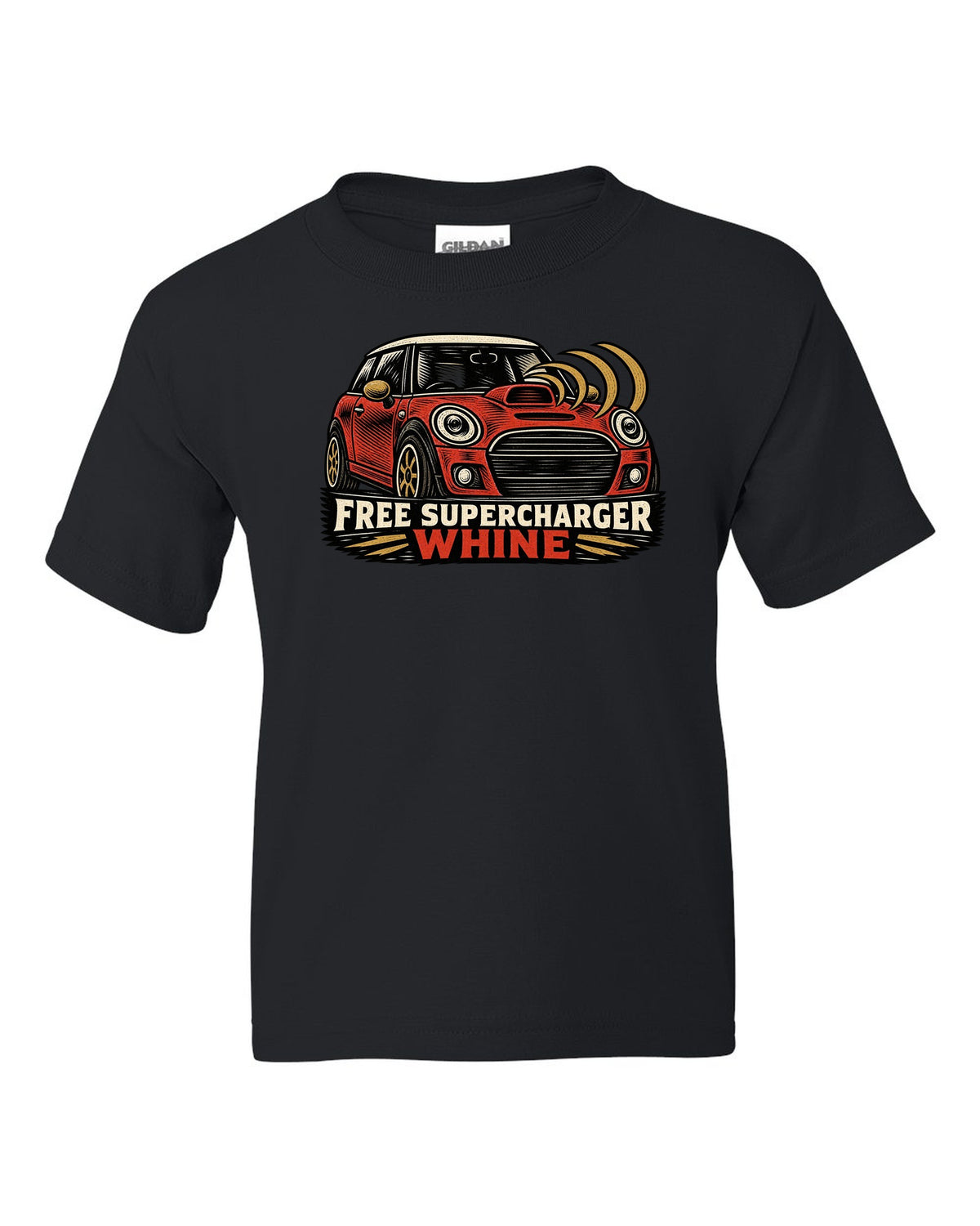 Linocut woodcut print of a Mini Cooper S R53 with the words free supercharger whine black kids tee front view with the design