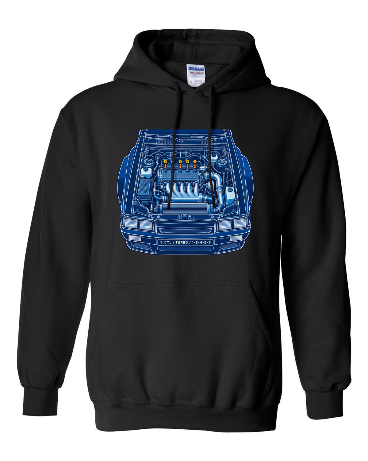 Cyanotype blueprint print of an Audi Ur-Quattro Type 85 with firing order text black pull over hoodie front view with the design