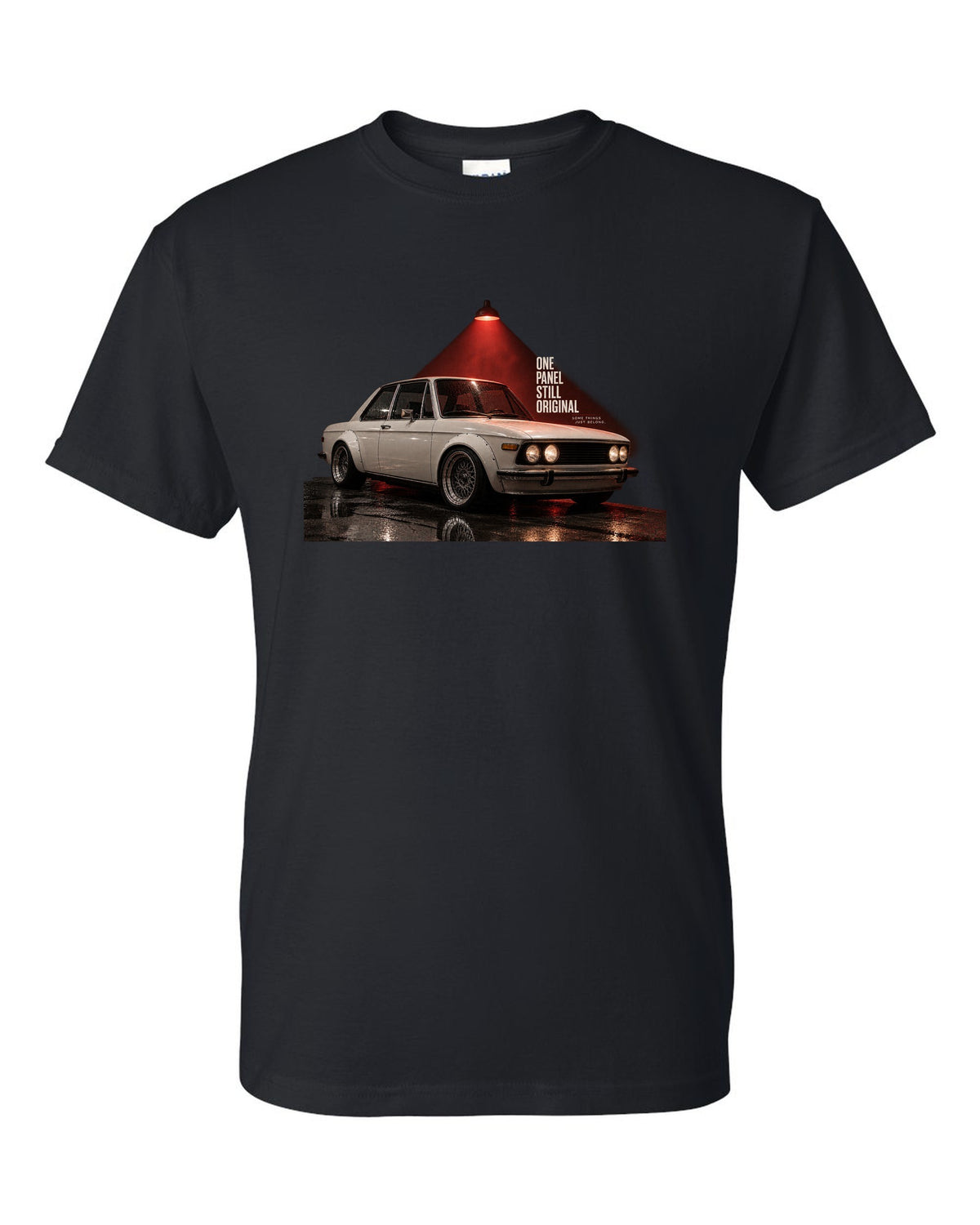 BMW E30 M3 garage night print with one panel still original text black t-shirt front view with the design