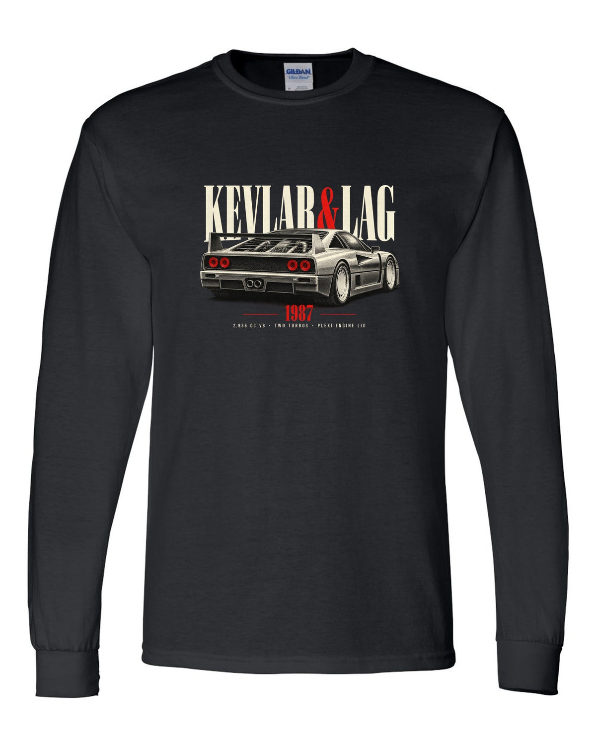 Ferrari F40 1987 rear three-quarter print headed Kevlar and Lag, 2,936 cc V8 black long sleeve front view with the design