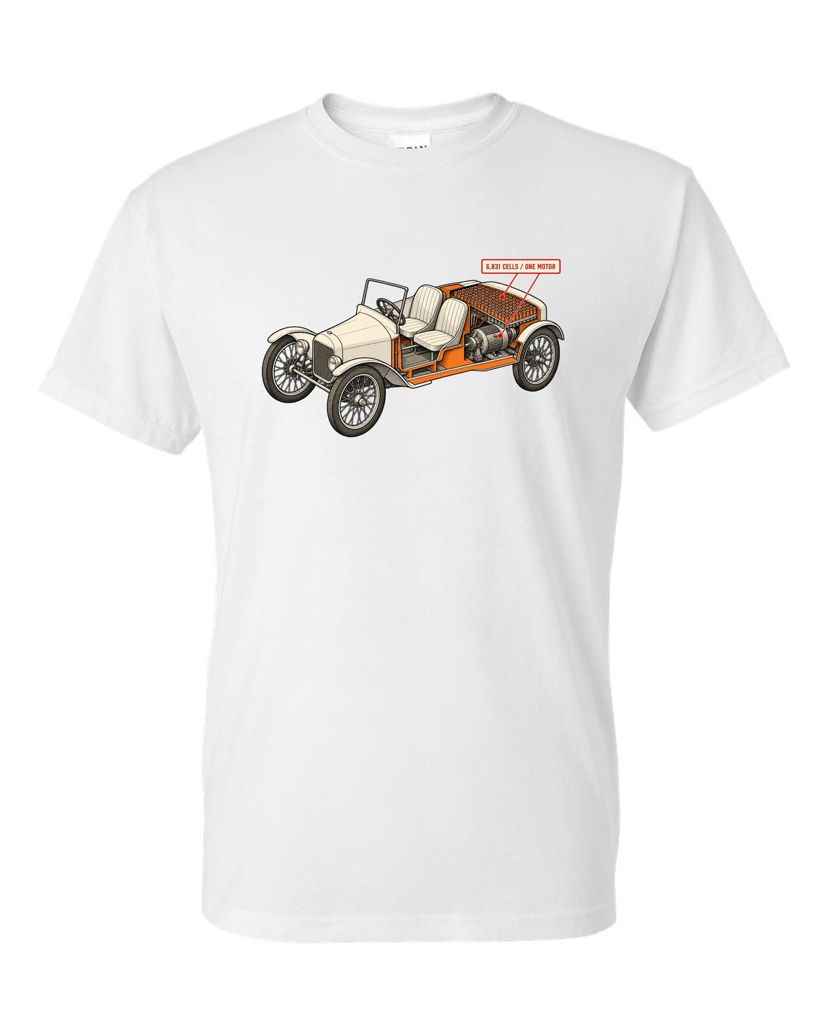 Isometric cutaway diagram print of a Tesla Roadster Gen 1 reading 6,831 Cells One Motor white t-shirt front view with the design