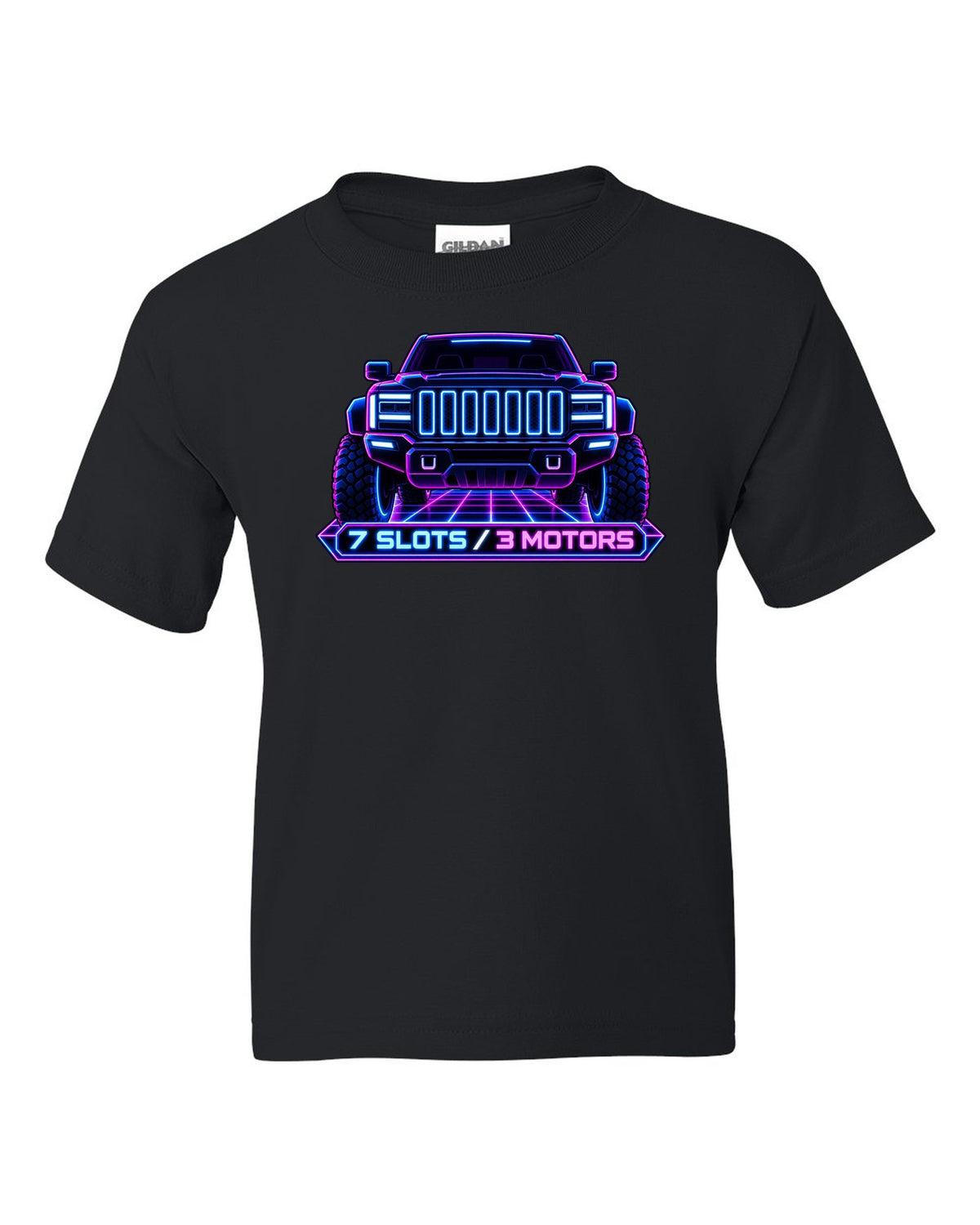 GMC Hummer EV neon vector grille panel print with seven slots and three motors black kids tee front view with the design