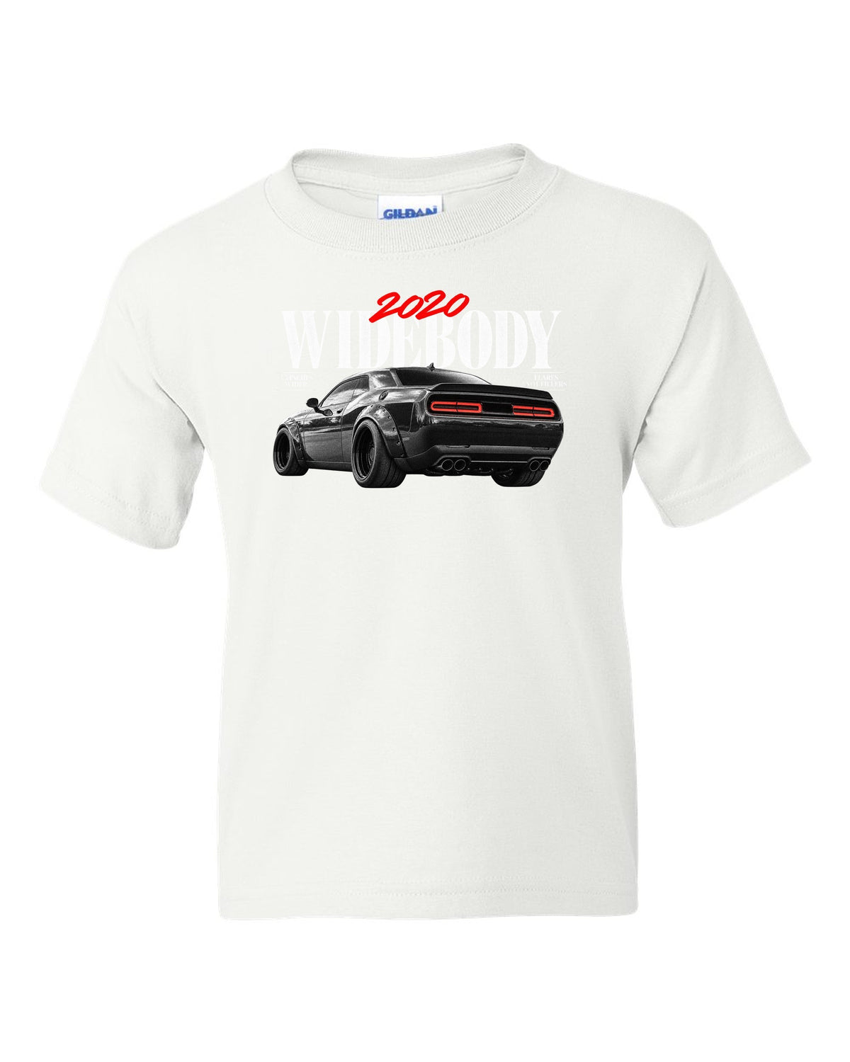 Editorial headline print of a 2020 Dodge Challenger Scat Pack Widebody with 3.5 inches wider text white kids tee front view with the design