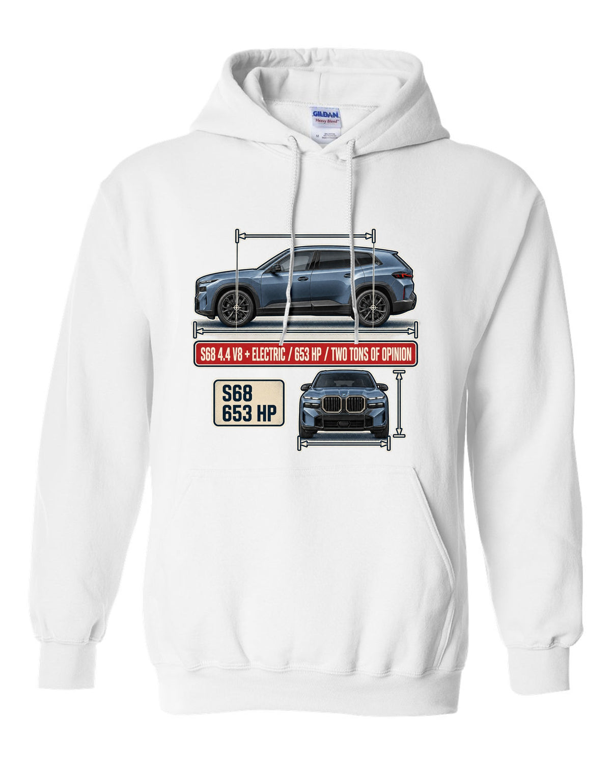 BMW XM G09 dimension blueprint print on a tee white pull over hoodie front view with the design