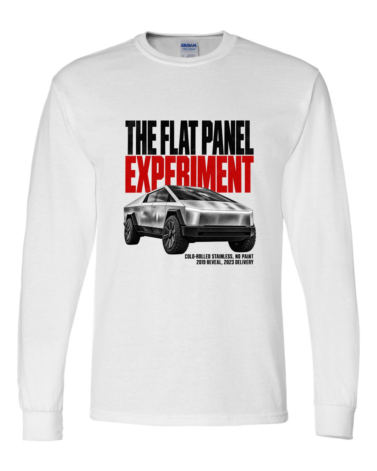 Halftone print of a 2023-24 Tesla Cybertruck with cold-rolled stainless text white long sleeve front view with the design