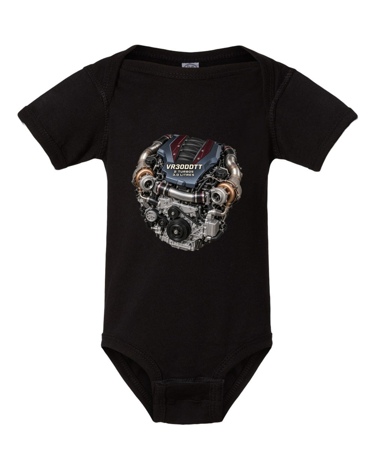 Hero image of a Nissan VR30DDTT twin-turbo V6 engine from the RZ34 Z black baby onesie front view with the design
