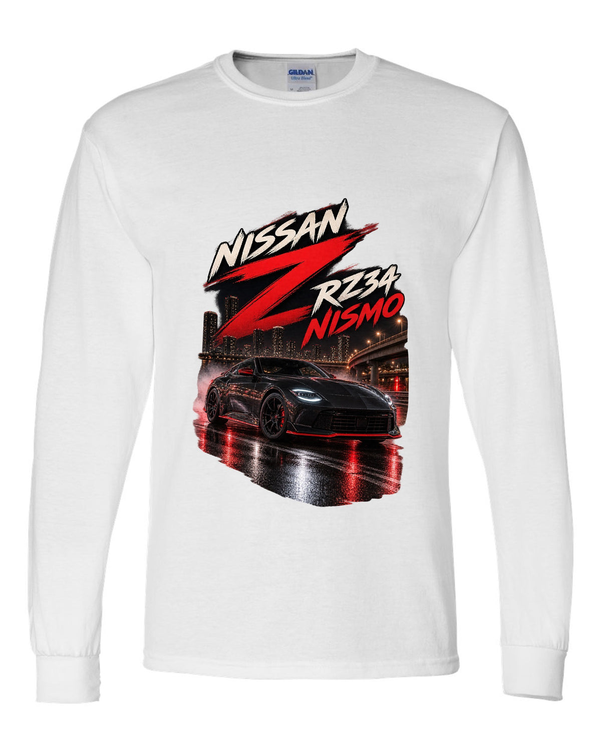 Nissan RZ34 Z spec poster with 2022 debut, VR30DDTT and 400 hp text white long sleeve front view with the design