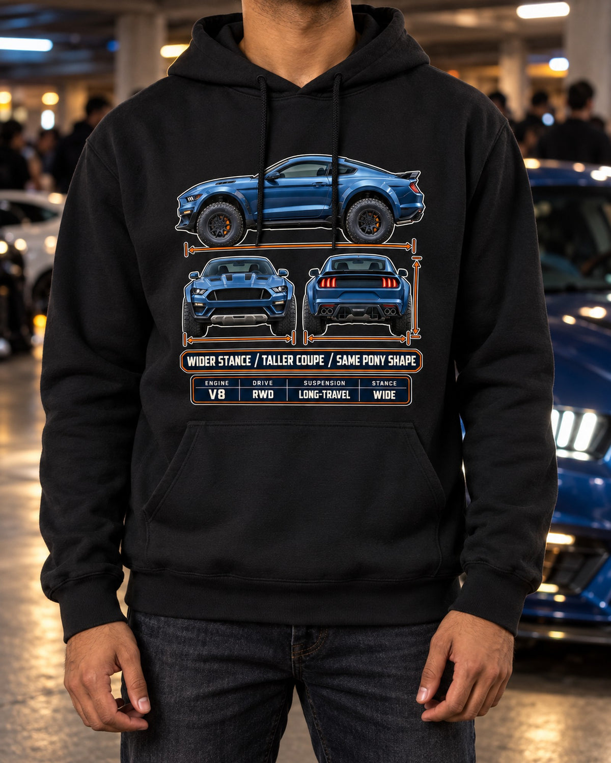 Mustang Raptor Concept Three-View Spec Table Tee, Pony Shape Pull Over Hoodie Black worn hero