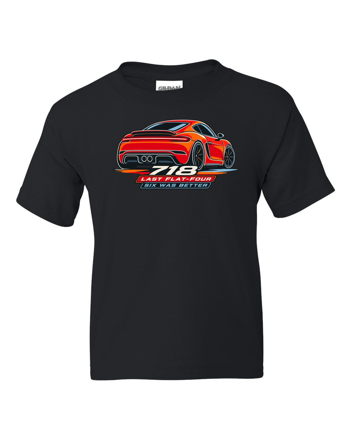 Minimalist continuous line art print of a Porsche 718 Cayman 982 taillight with the text 718, last flat-four, six was better black kids tee front view with the design