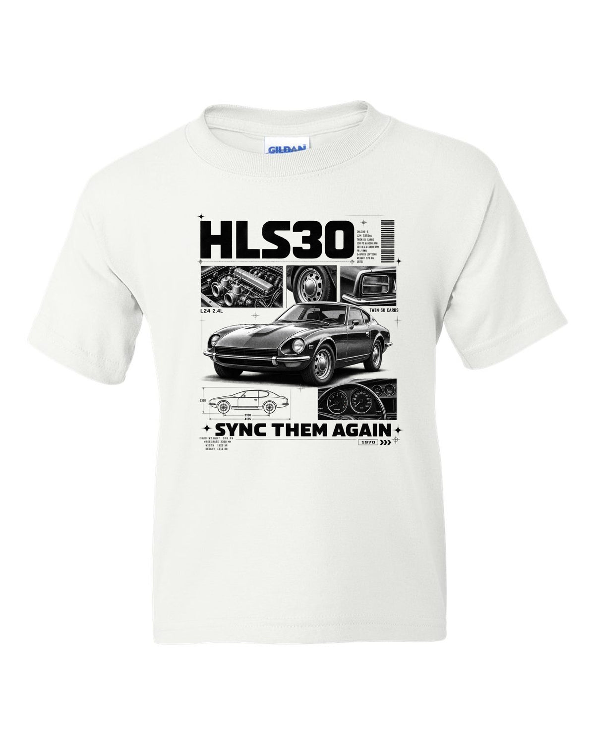 Dossier panel print of a 1970 Datsun 240Z HLS30 with L24 and twin SU carbs text white kids tee front view with the design