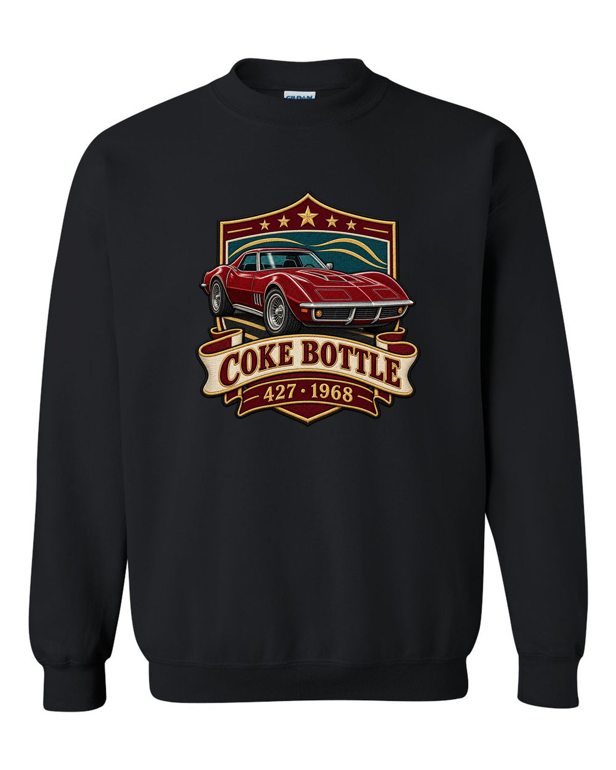 Embroidery style shield crest print of a 1968 Chevrolet Corvette C3 Stingray with Coke Bottle 427 text black crewneck front view with the design