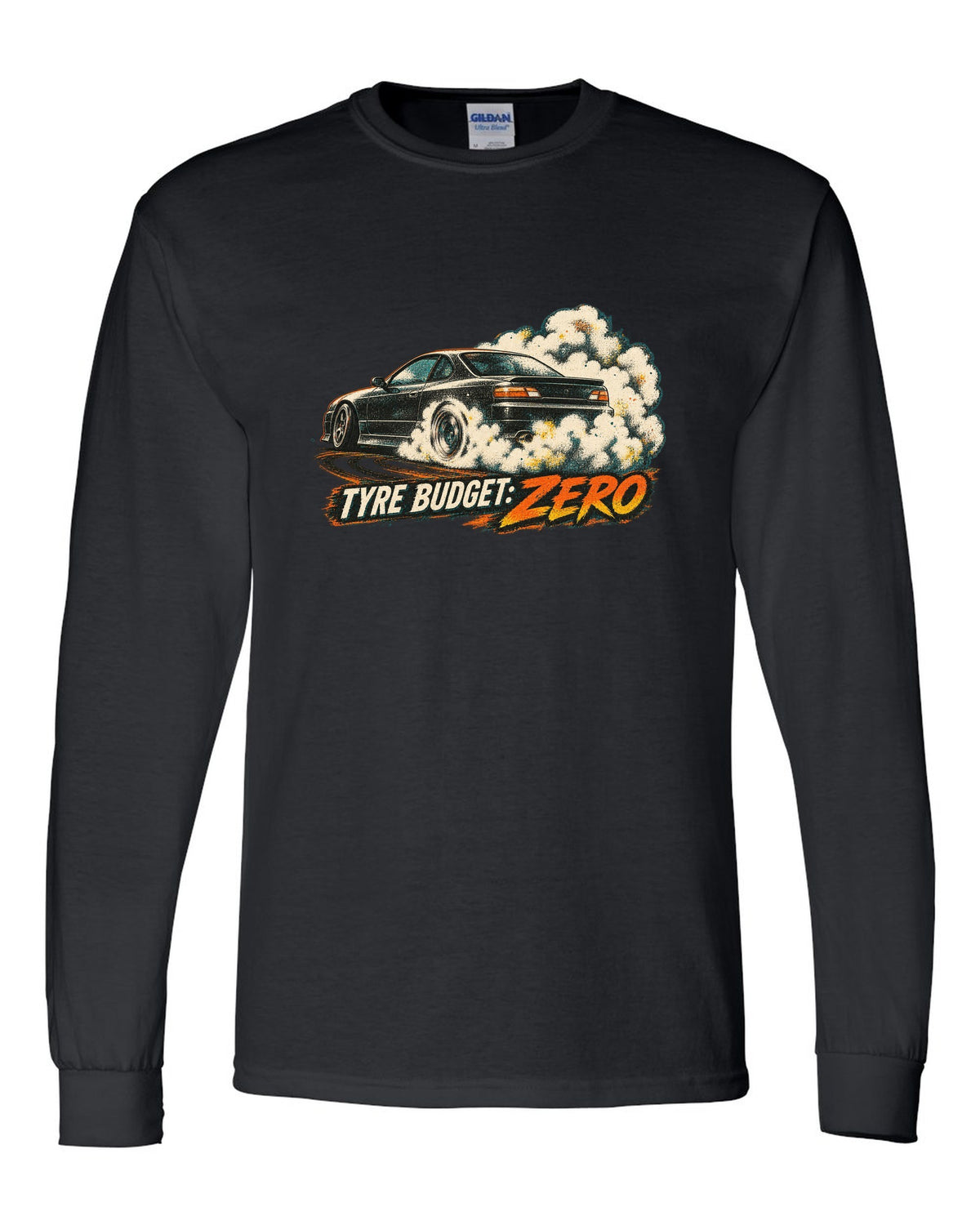 Distressed screenprint print of a 1999 Nissan Silvia S15 with Tyre Budget Zero lettering black long sleeve front view with the design