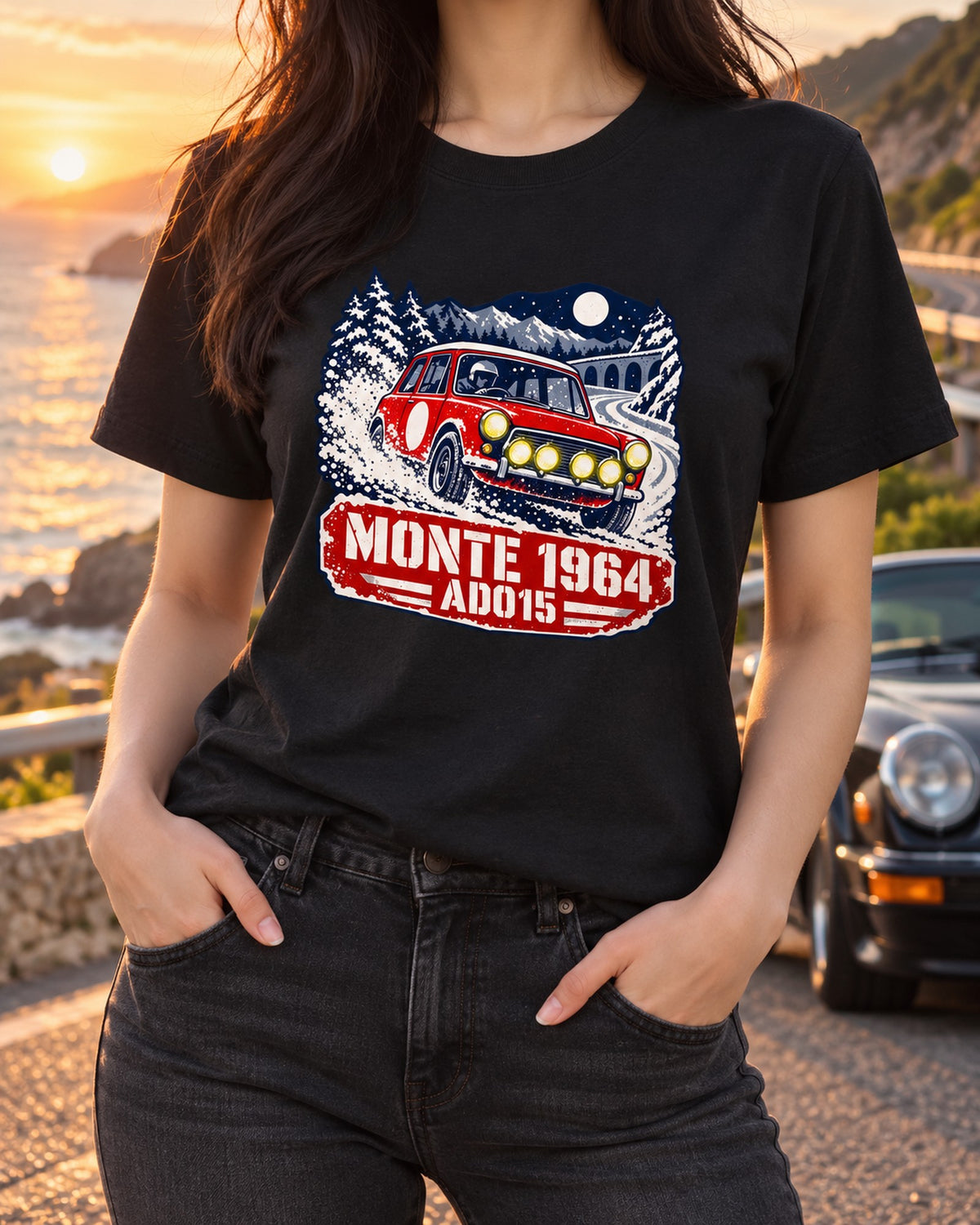 Classic Mini Cooper S ADO15 Monte 1964 Night Stage Rally Shirt T-Shirt Black worn hero