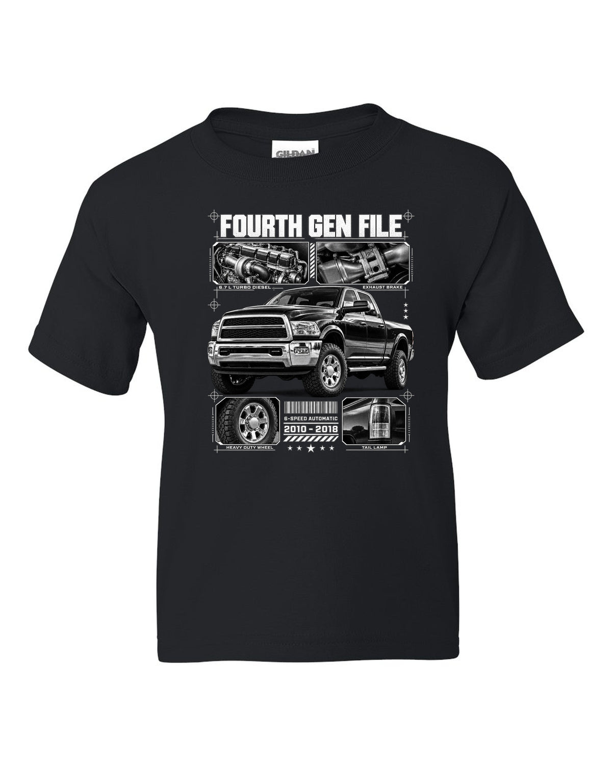 Blueprint dossier print of a 2010-2018 Ram 2500 fourth generation turbo diesel pickup black kids tee front view with the design