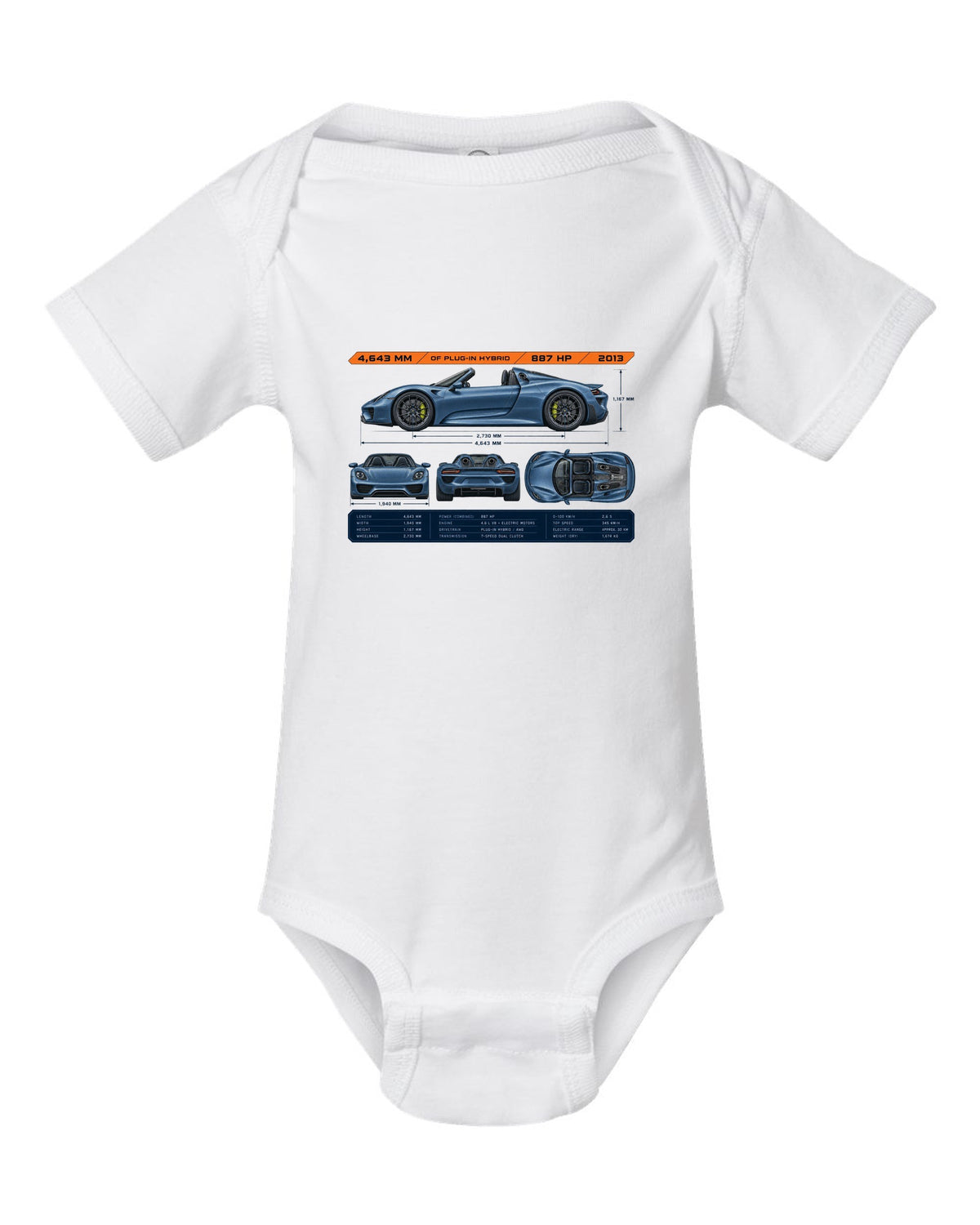 Porsche 918 Spyder dimension blueprint print design white baby onesie front view with the design