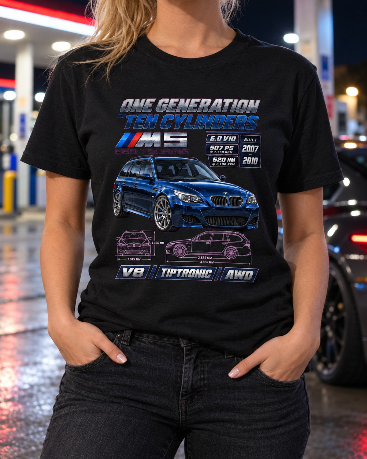 BMW M5 E60 Spec Poster Shirt, One Generation Ten Cylinders T-Shirt Black worn hero