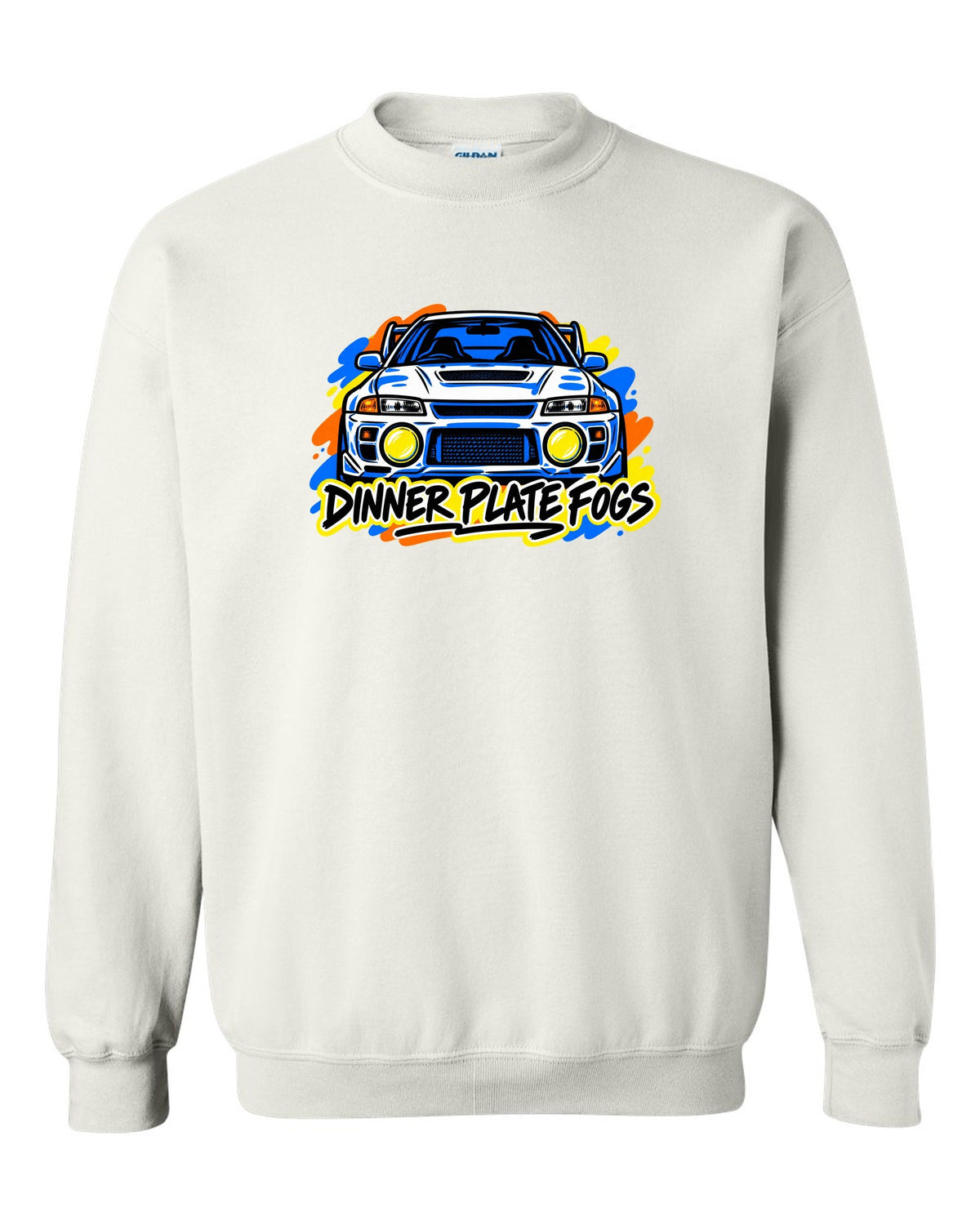 Mitsubishi Lancer Evolution IV CN9A mono-line sketch, DINNER PLATE FOGS white crewneck front view with the design