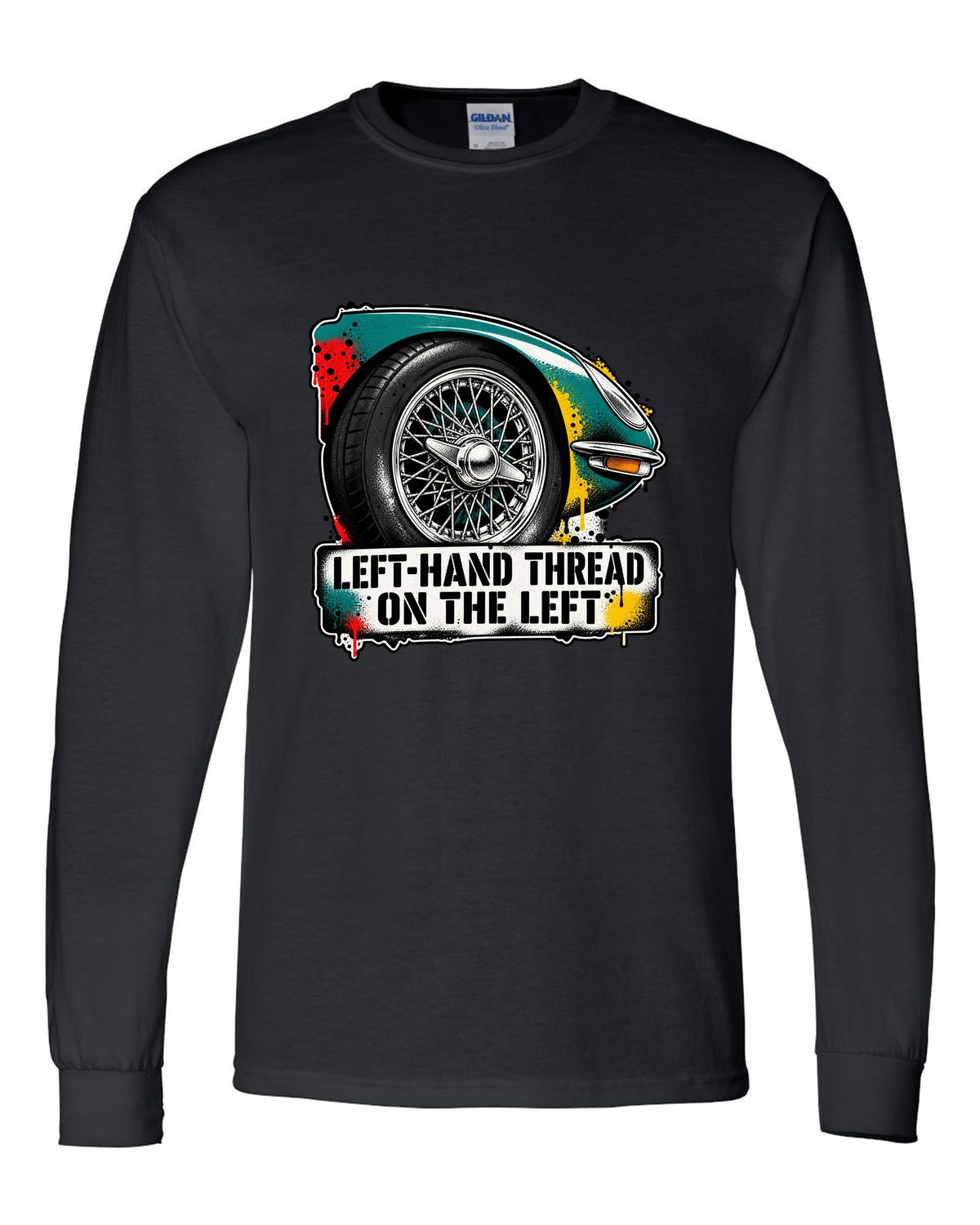 Jaguar E-Type Series 1 stencil spray with LEFT-HAND THREAD ON THE LEFT lettering black long sleeve front view with the design