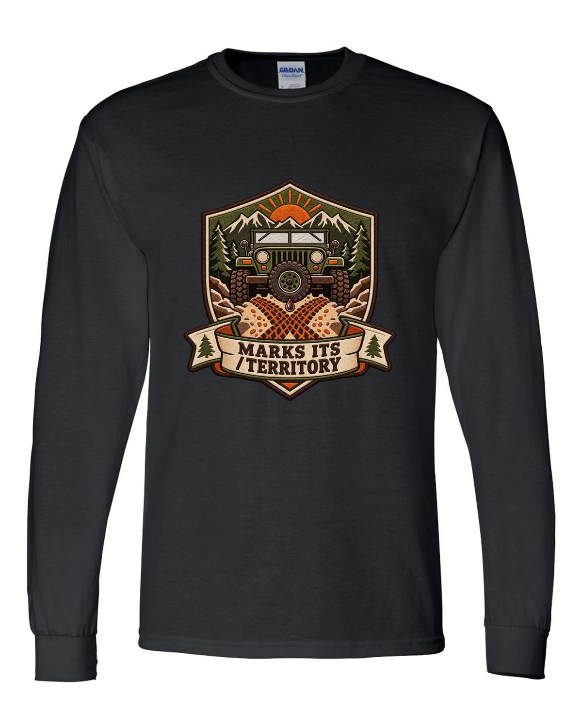 Expedition badge crest of a Toyota Land Cruiser FJ40 with the words Marks Its Territory black long sleeve front view with the design