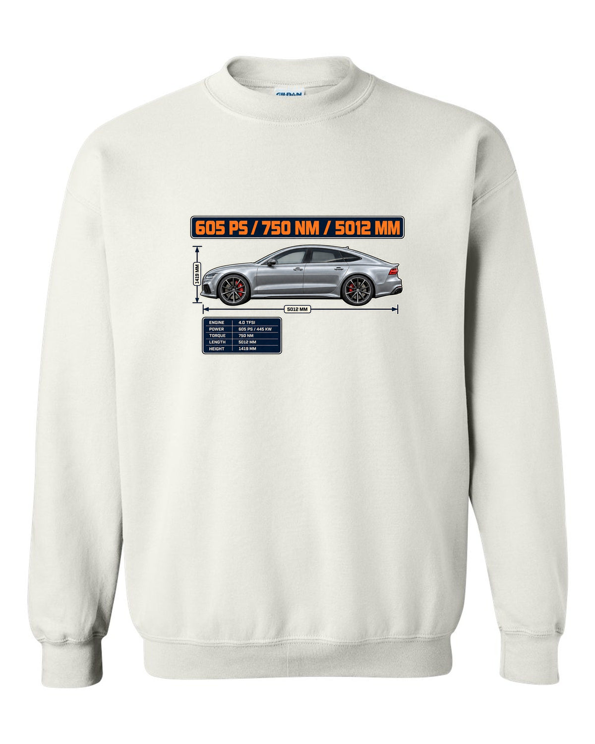 Audi RS7 Sportback performance C7 spec poster print white crewneck front view with the design