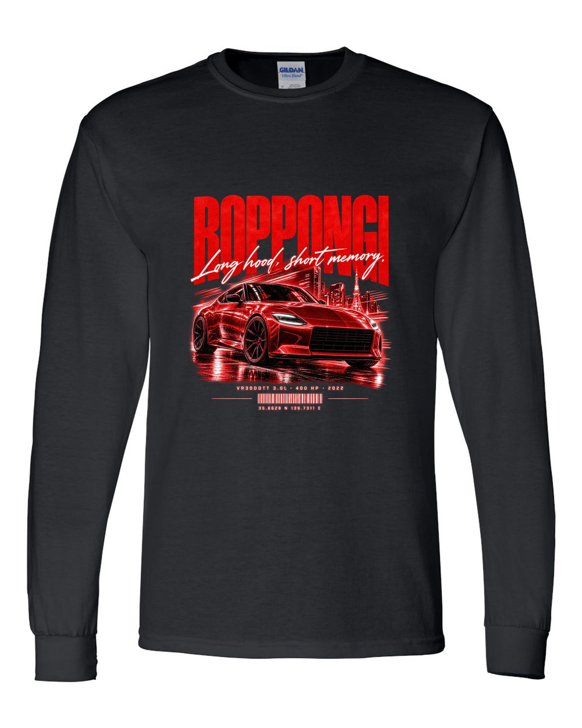 Street poster print of a Nissan Z RZ34 with Roppongi coordinates and VR30DDTT text black long sleeve front view with the design