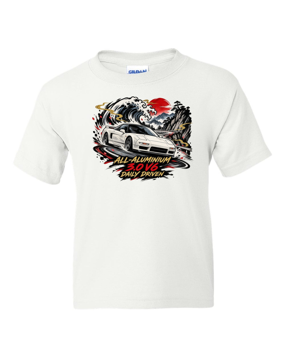 Sumi-e ink wave style print of a Honda NSX NA1 with all-aluminium 3.0 V6 daily driven text white kids tee front view with the design