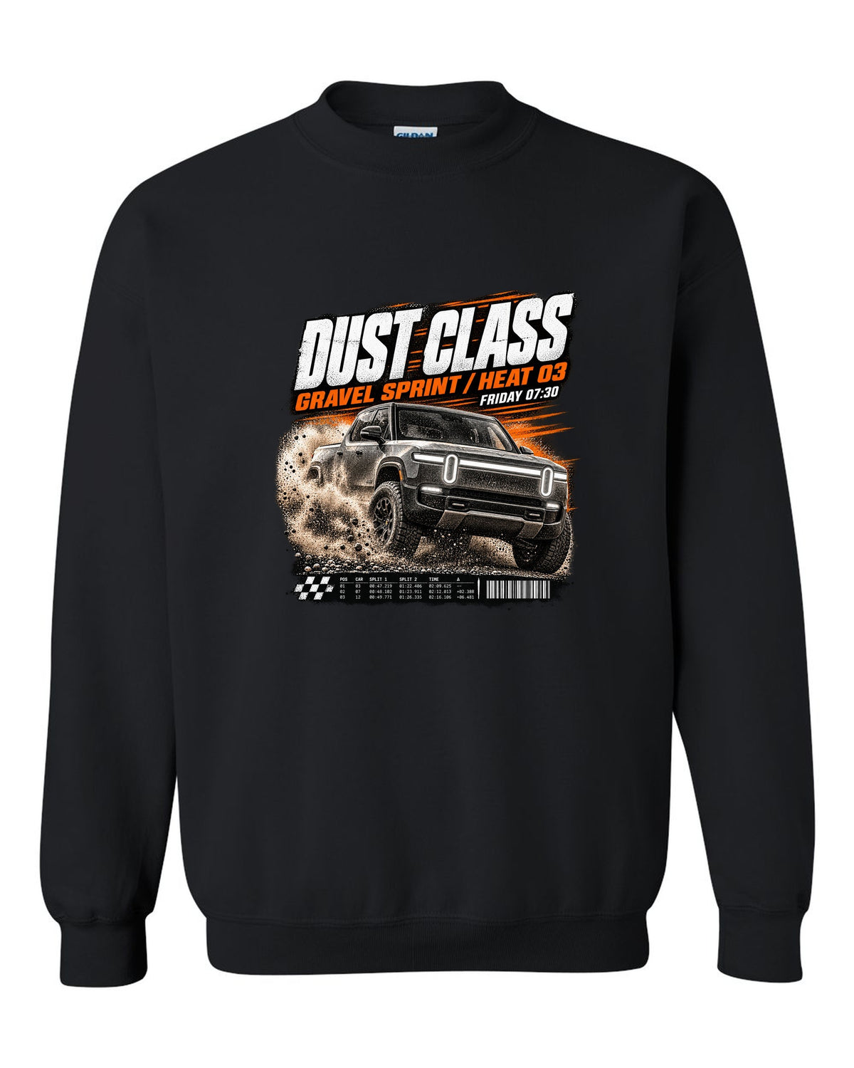 Rivian R1T Gen 2 2025 race poster reading Dust Class, gravel sprint, heat 03 black crewneck front view with the design