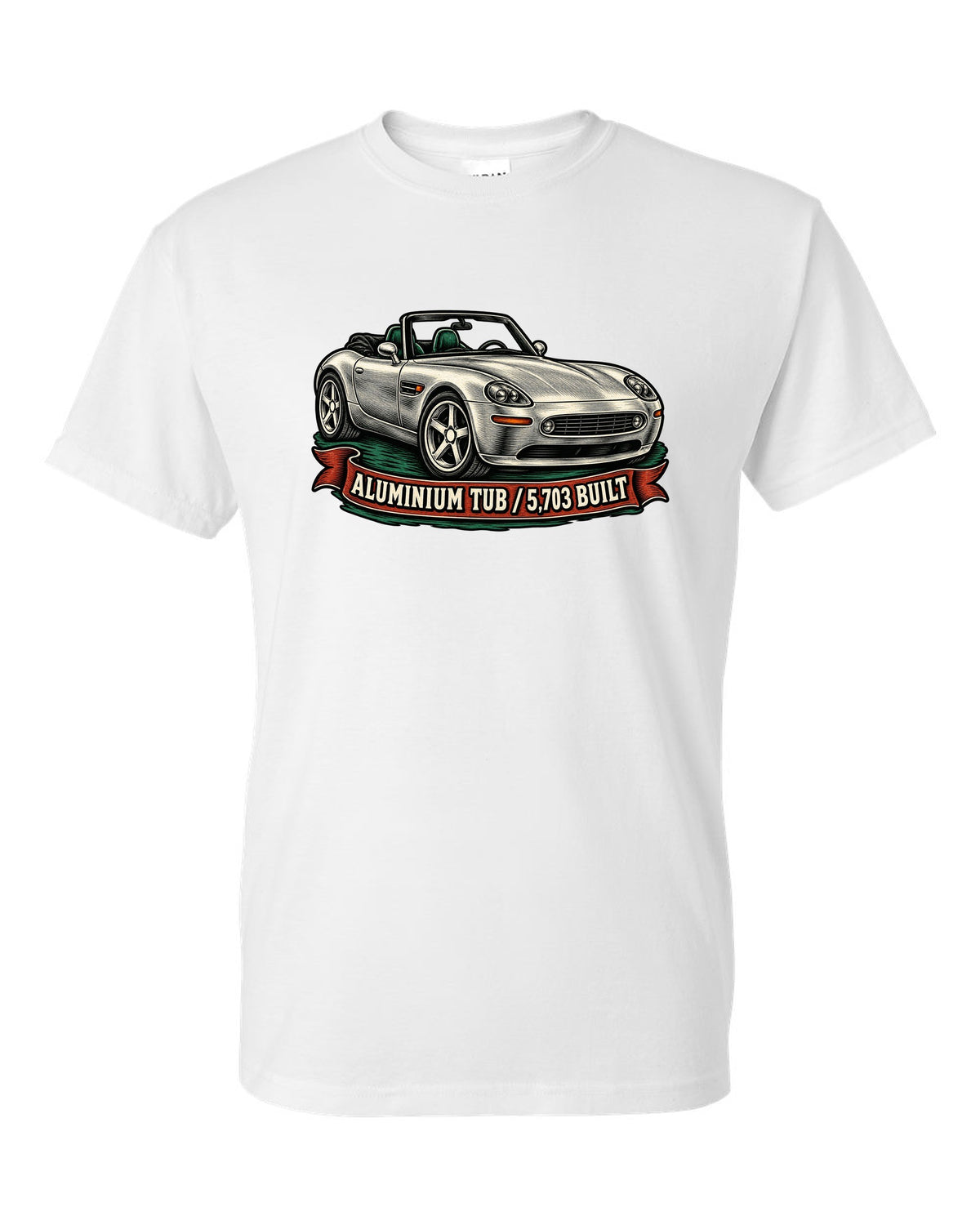 Woodcut linocut-style print of a BMW Z8 E52 roadster with 5,703 built text white t-shirt front view with the design