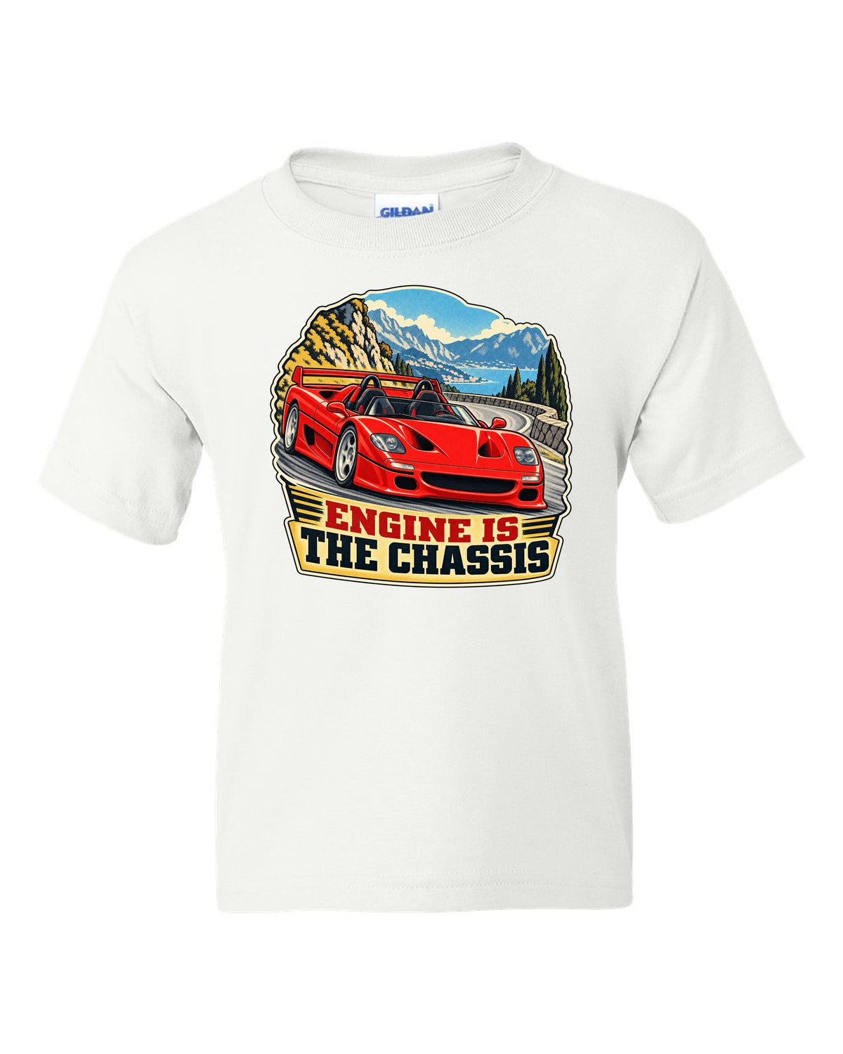 Retro race-programme print of a 1995 Ferrari F50 F130 with roof off on a mountain pass and engine is the chassis text white kids tee front view with the design