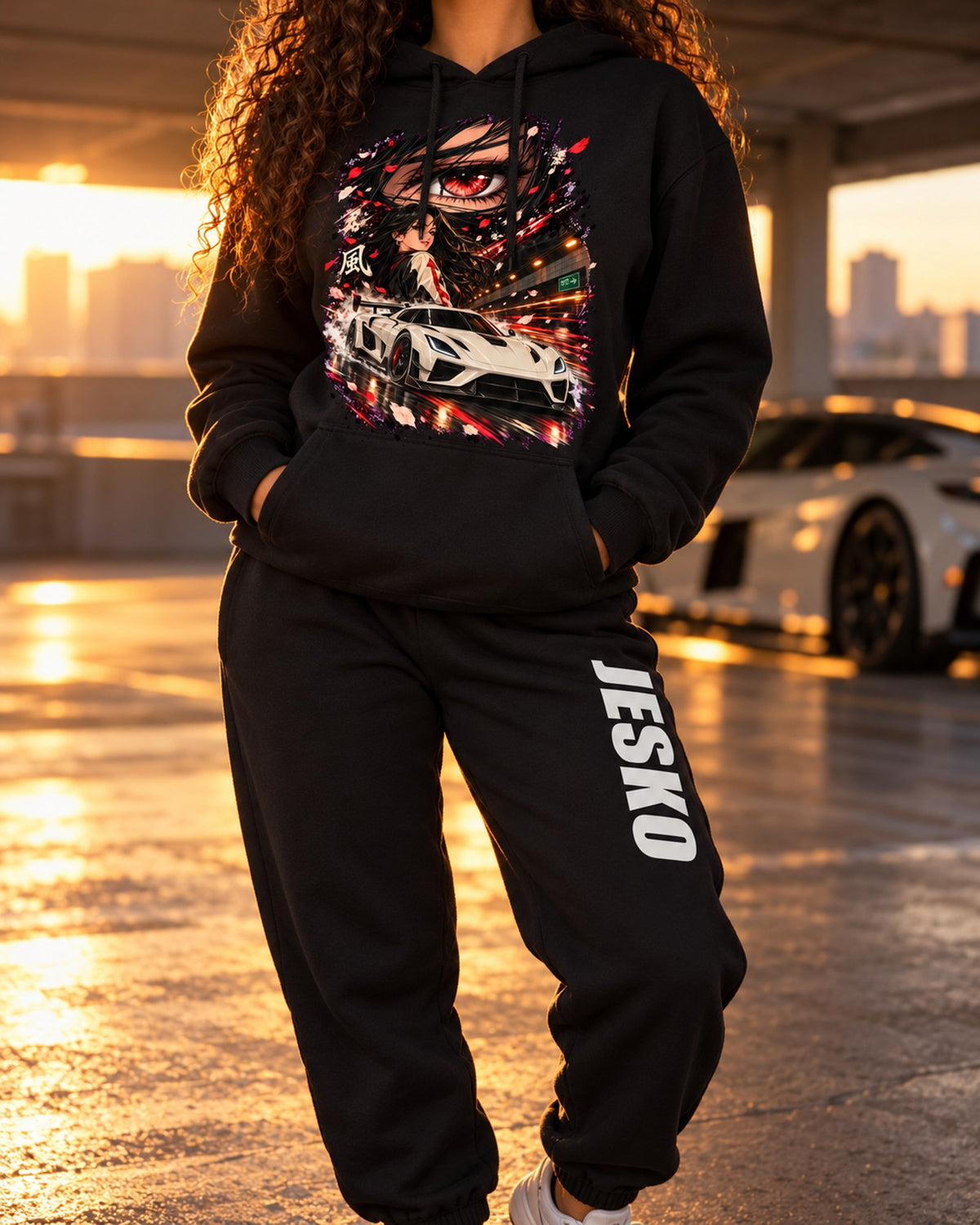 Koenigsegg Jesko Anime Girl Hoodie + Jogger Set Black worn hero